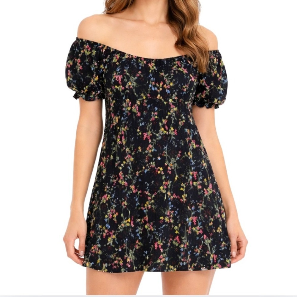 Miami Womens Akiko Floral Off-the-Shoulder Puff Sleeve‎ Mini Dress Black Small